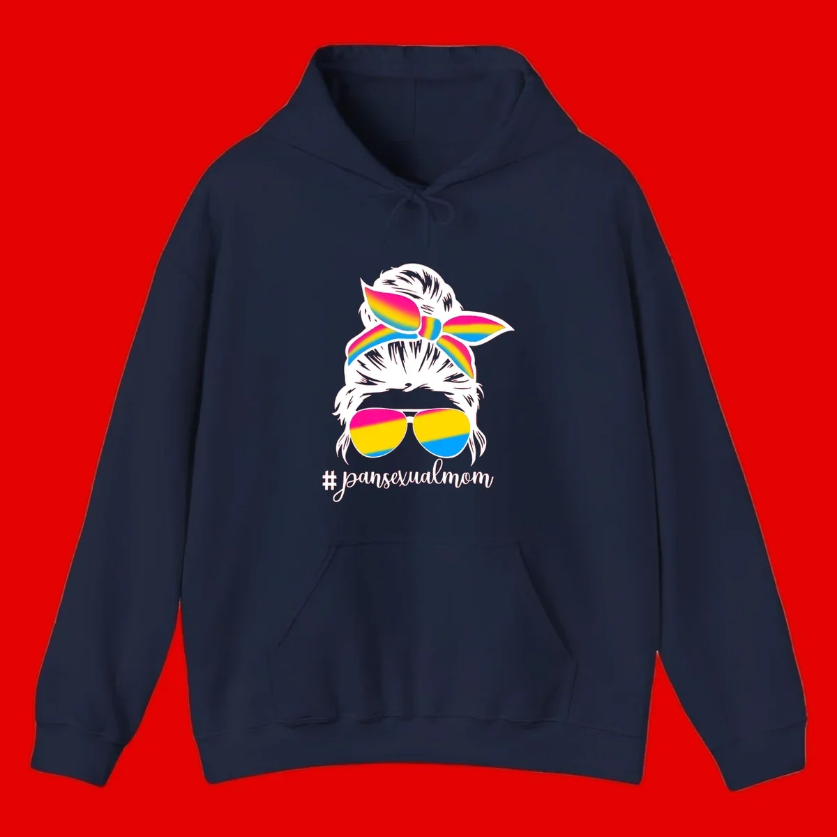 Illustrated pansexual mom pride design featuring a bearded figure with white hair wearing rainbow sunglasses and bow with #pansexualmom hashtag
