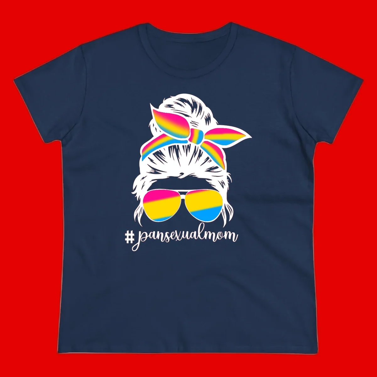 Illustrated pansexual mom pride design featuring a bearded figure with white hair wearing rainbow sunglasses and bow with #pansexualmom hashtag