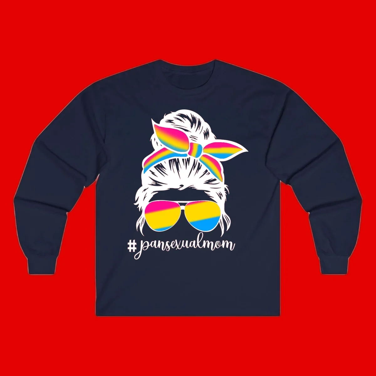 Illustrated pansexual mom pride design featuring a bearded figure with white hair wearing rainbow sunglasses and bow with #pansexualmom hashtag