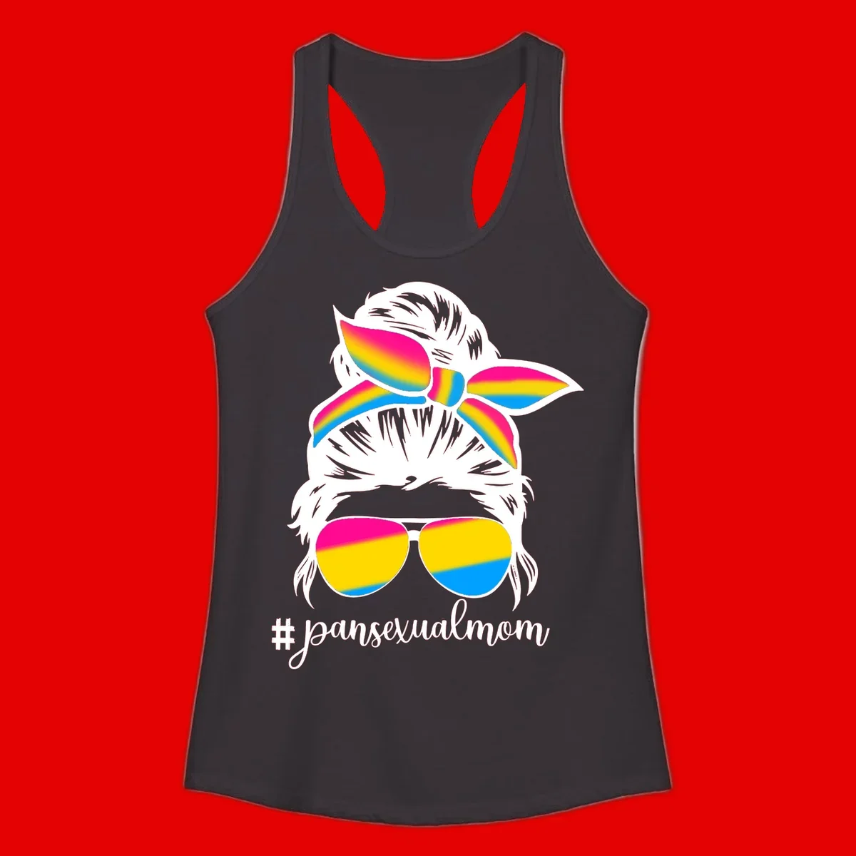 Illustrated pansexual mom pride design featuring a bearded figure with white hair wearing rainbow sunglasses and bow with #pansexualmom hashtag