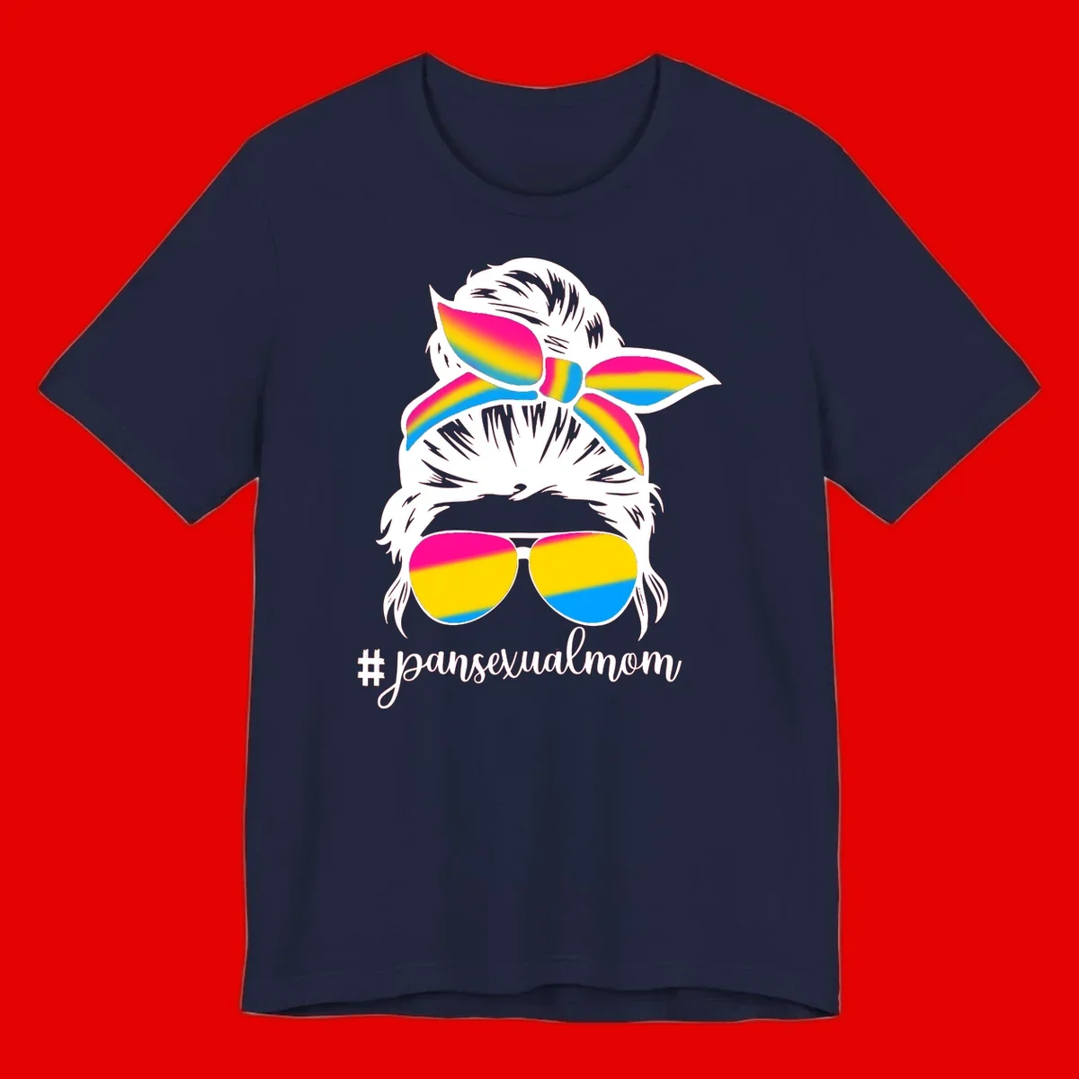 Illustrated pansexual mom pride design featuring a bearded figure with white hair wearing rainbow sunglasses and bow with #pansexualmom hashtag