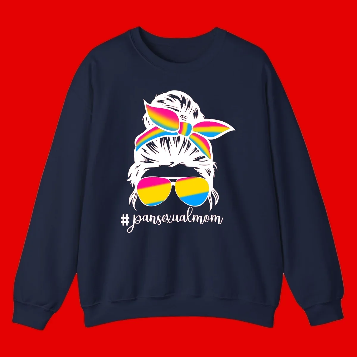 Illustrated pansexual mom pride design featuring a bearded figure with white hair wearing rainbow sunglasses and bow with #pansexualmom hashtag