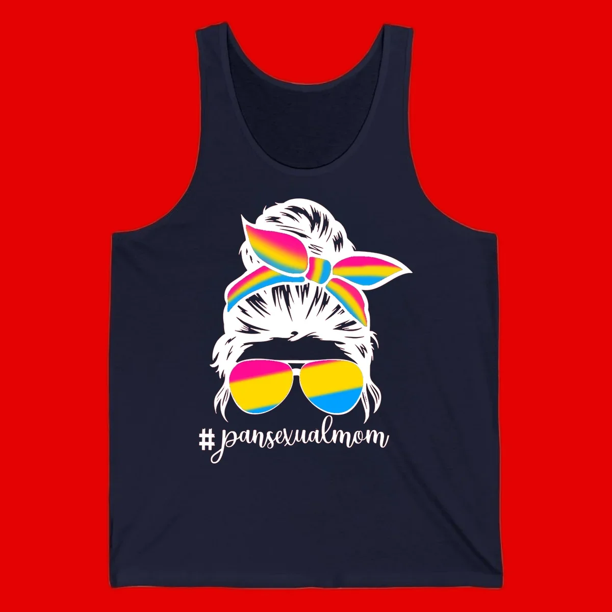 Illustrated pansexual mom pride design featuring a bearded figure with white hair wearing rainbow sunglasses and bow with #pansexualmom hashtag
