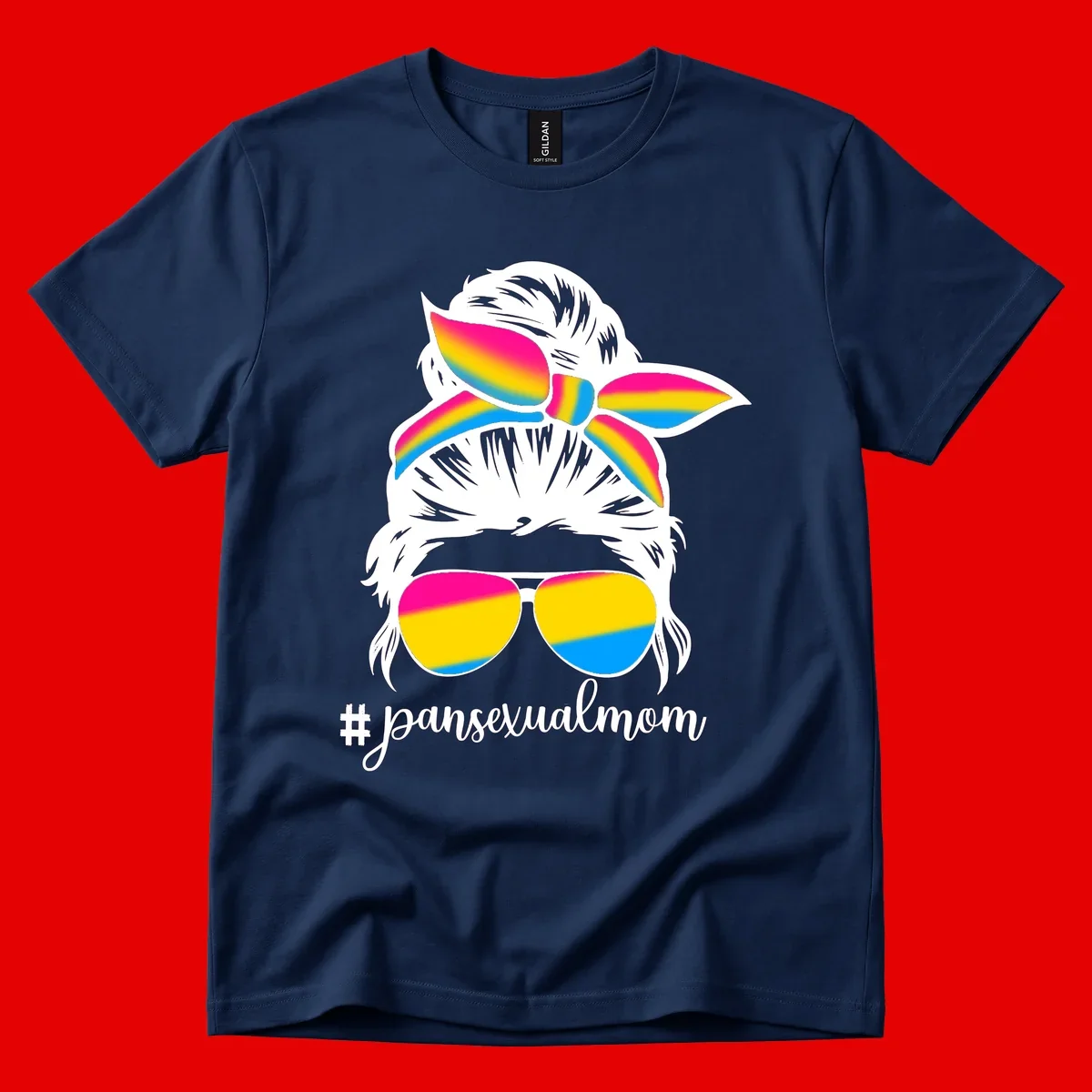 Illustrated pansexual mom pride design featuring a bearded figure with white hair wearing rainbow sunglasses and bow with #pansexualmom hashtag
