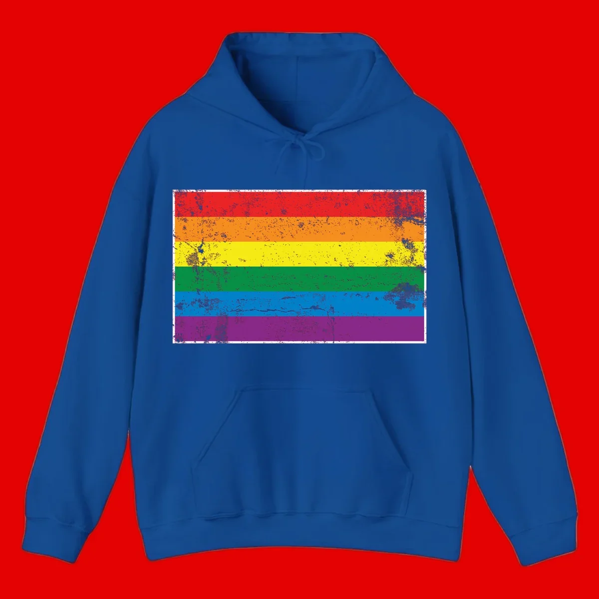 Distressed rainbow pride flag with six horizontal color stripes: red, orange, yellow, green, blue, and purple with grunge texture