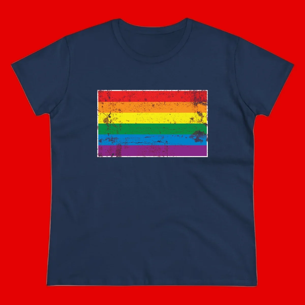 Distressed rainbow pride flag with six horizontal color stripes: red, orange, yellow, green, blue, and purple with grunge texture