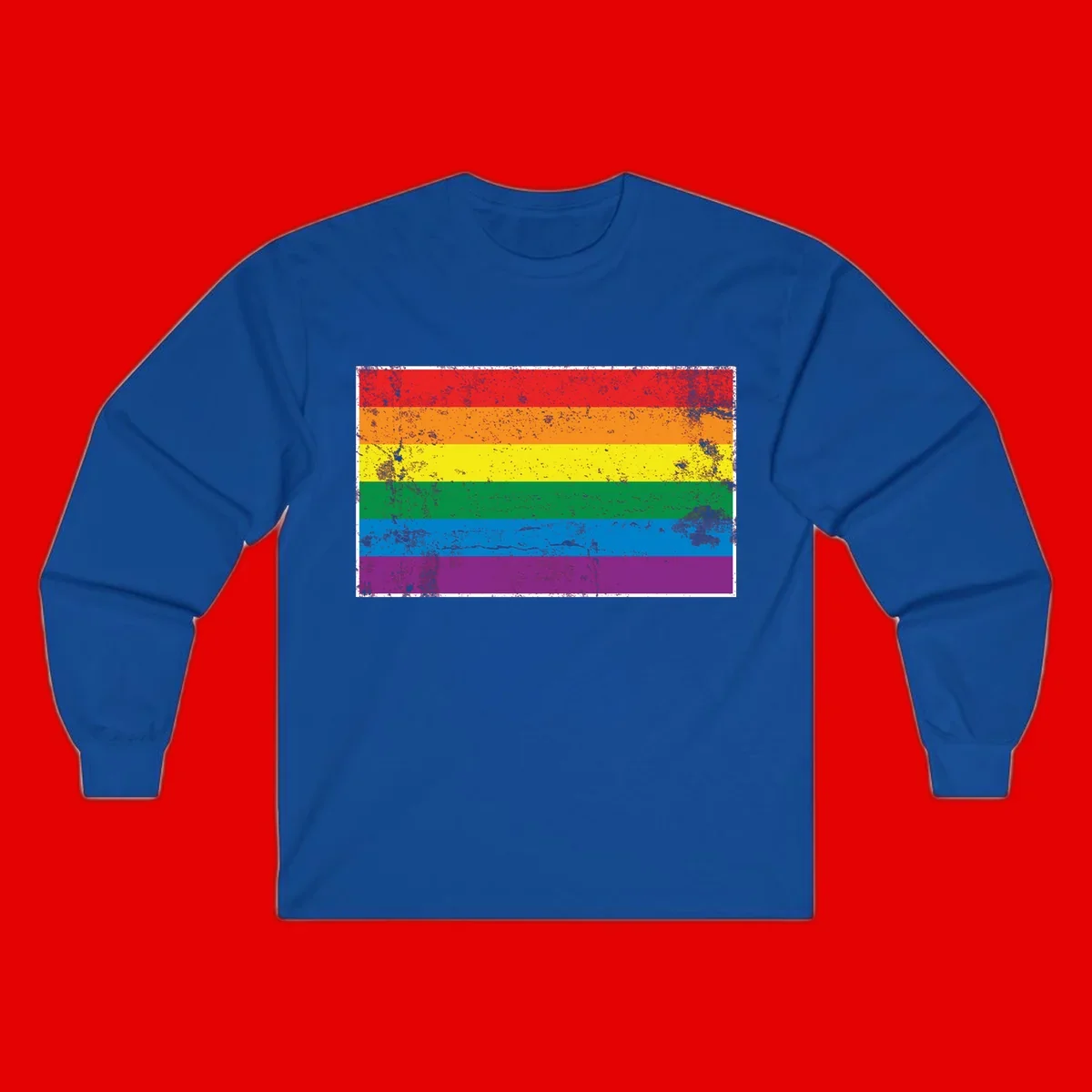 Distressed rainbow pride flag with six horizontal color stripes: red, orange, yellow, green, blue, and purple with grunge texture