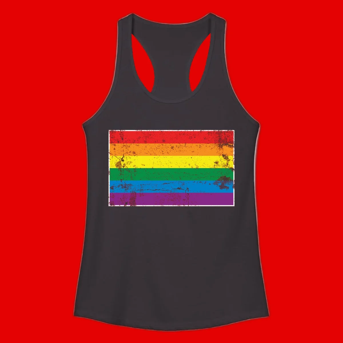 Distressed rainbow pride flag with six horizontal color stripes: red, orange, yellow, green, blue, and purple with grunge texture