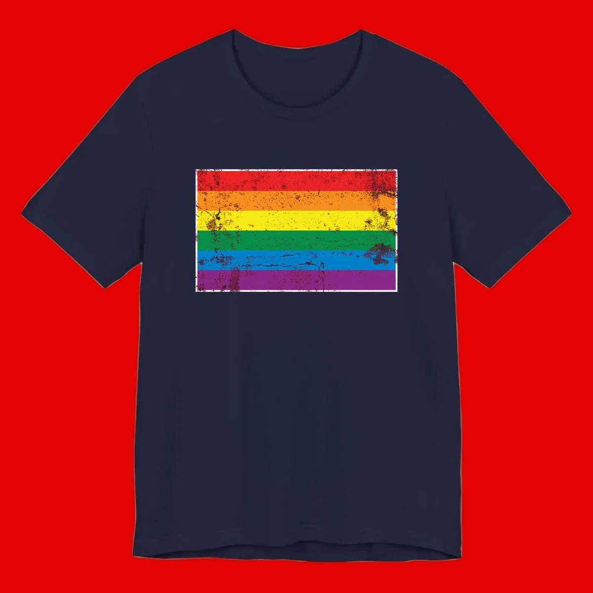 Distressed rainbow pride flag with six horizontal color stripes: red, orange, yellow, green, blue, and purple with grunge texture