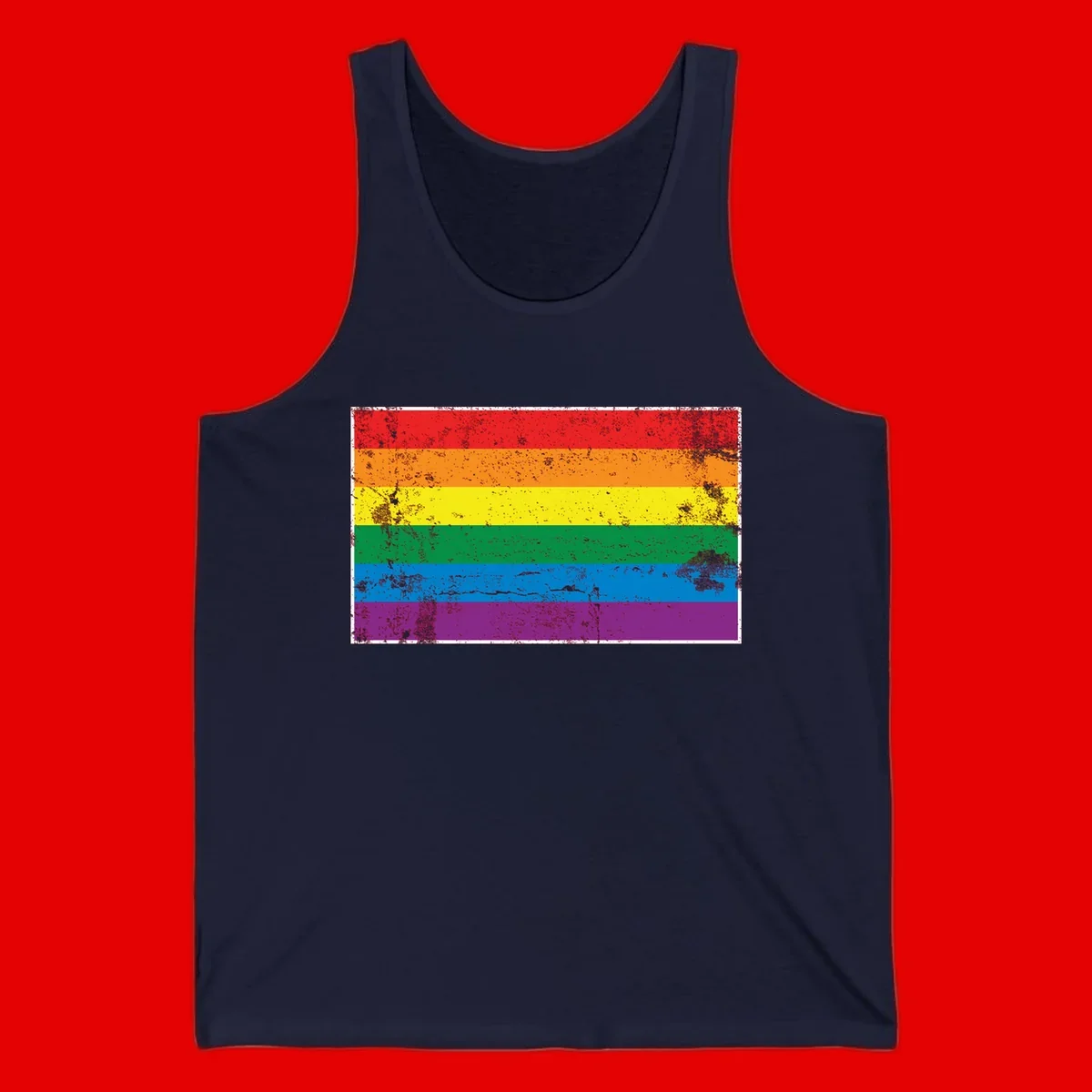 Distressed rainbow pride flag with six horizontal color stripes: red, orange, yellow, green, blue, and purple with grunge texture