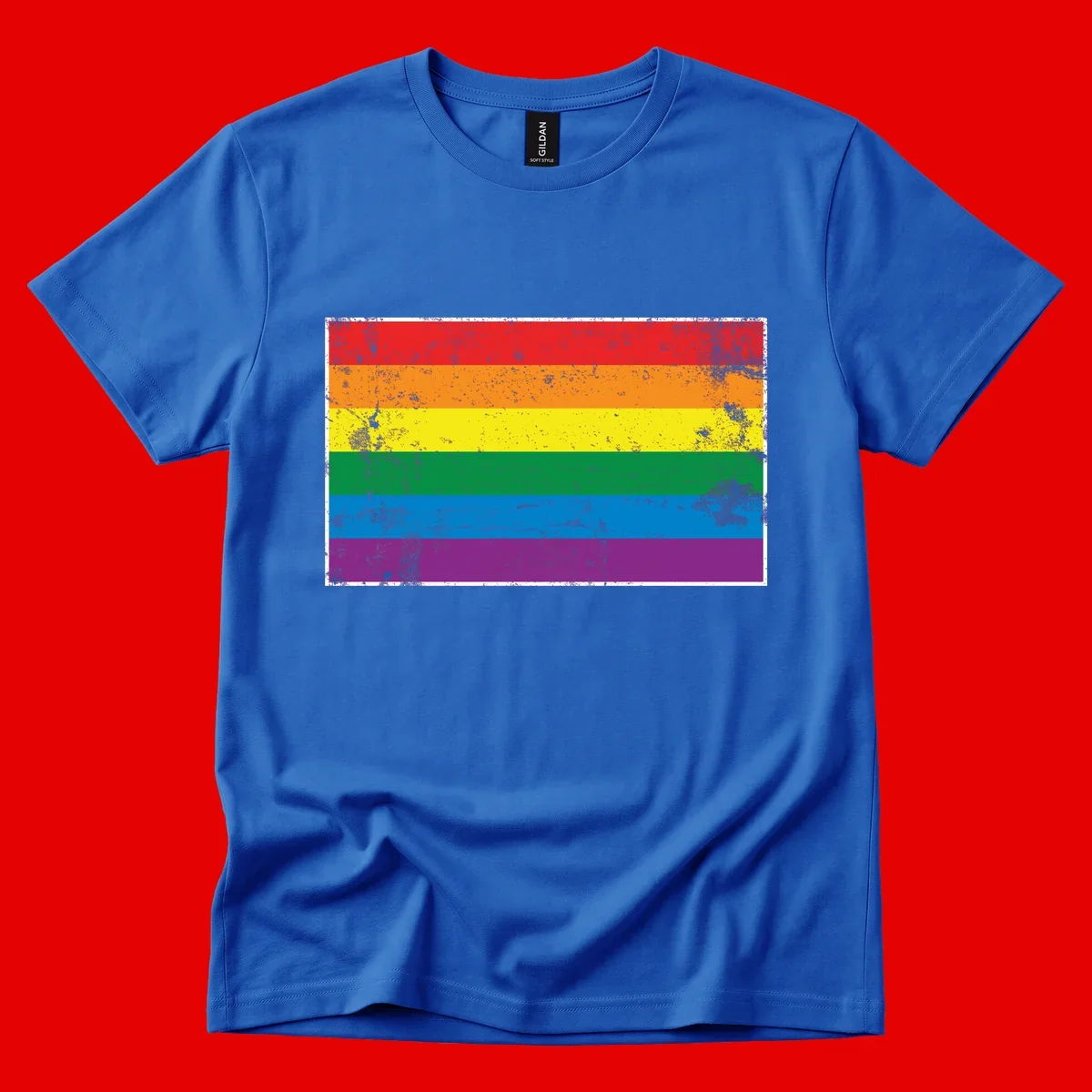 Distressed rainbow pride flag with six horizontal color stripes: red, orange, yellow, green, blue, and purple with grunge texture