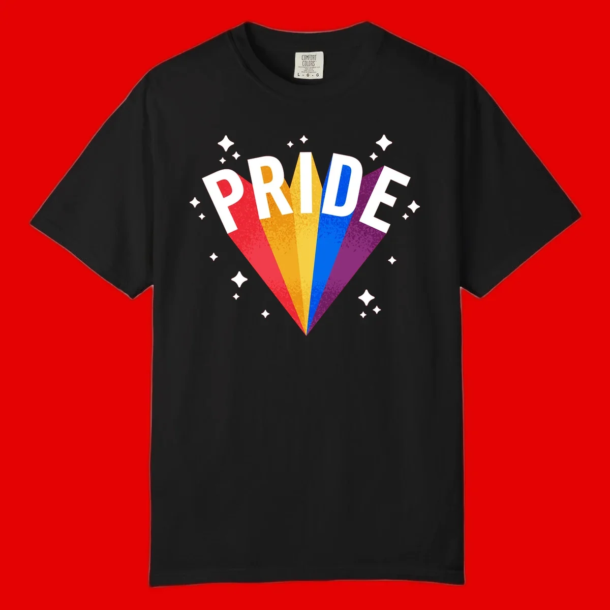 Rainbow pride fan design with colorful stripes in red, orange, yellow, blue, and purple radiating outward with white PRIDE text and decorative sparkles