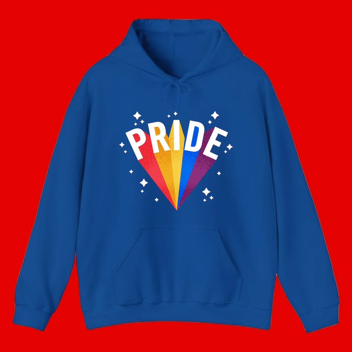 Rainbow pride fan design with colorful stripes in red, orange, yellow, blue, and purple radiating outward with white PRIDE text and decorative sparkles