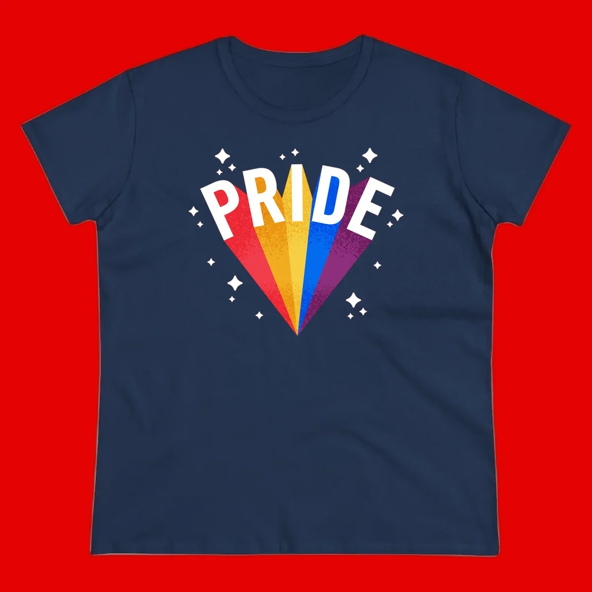 Rainbow pride fan design with colorful stripes in red, orange, yellow, blue, and purple radiating outward with white PRIDE text and decorative sparkles