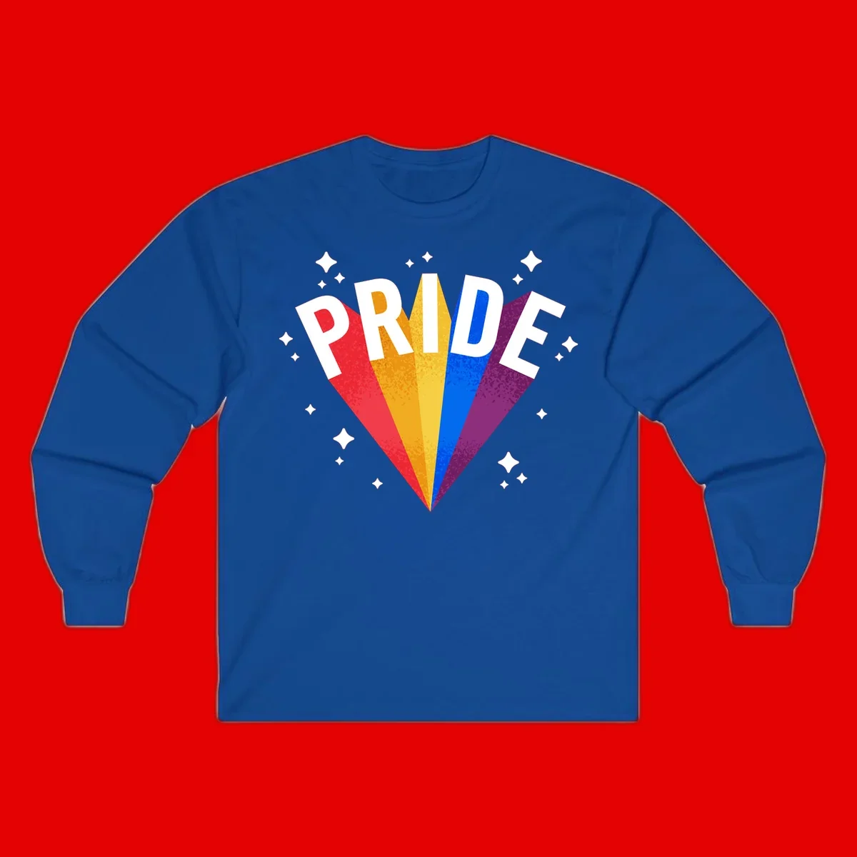 Rainbow pride fan design with colorful stripes in red, orange, yellow, blue, and purple radiating outward with white PRIDE text and decorative sparkles