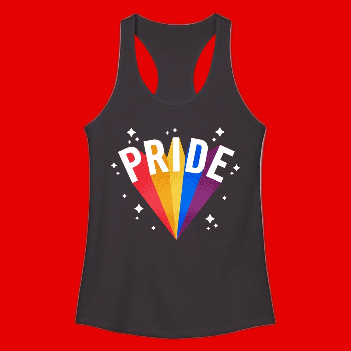 Rainbow pride fan design with colorful stripes in red, orange, yellow, blue, and purple radiating outward with white PRIDE text and decorative sparkles