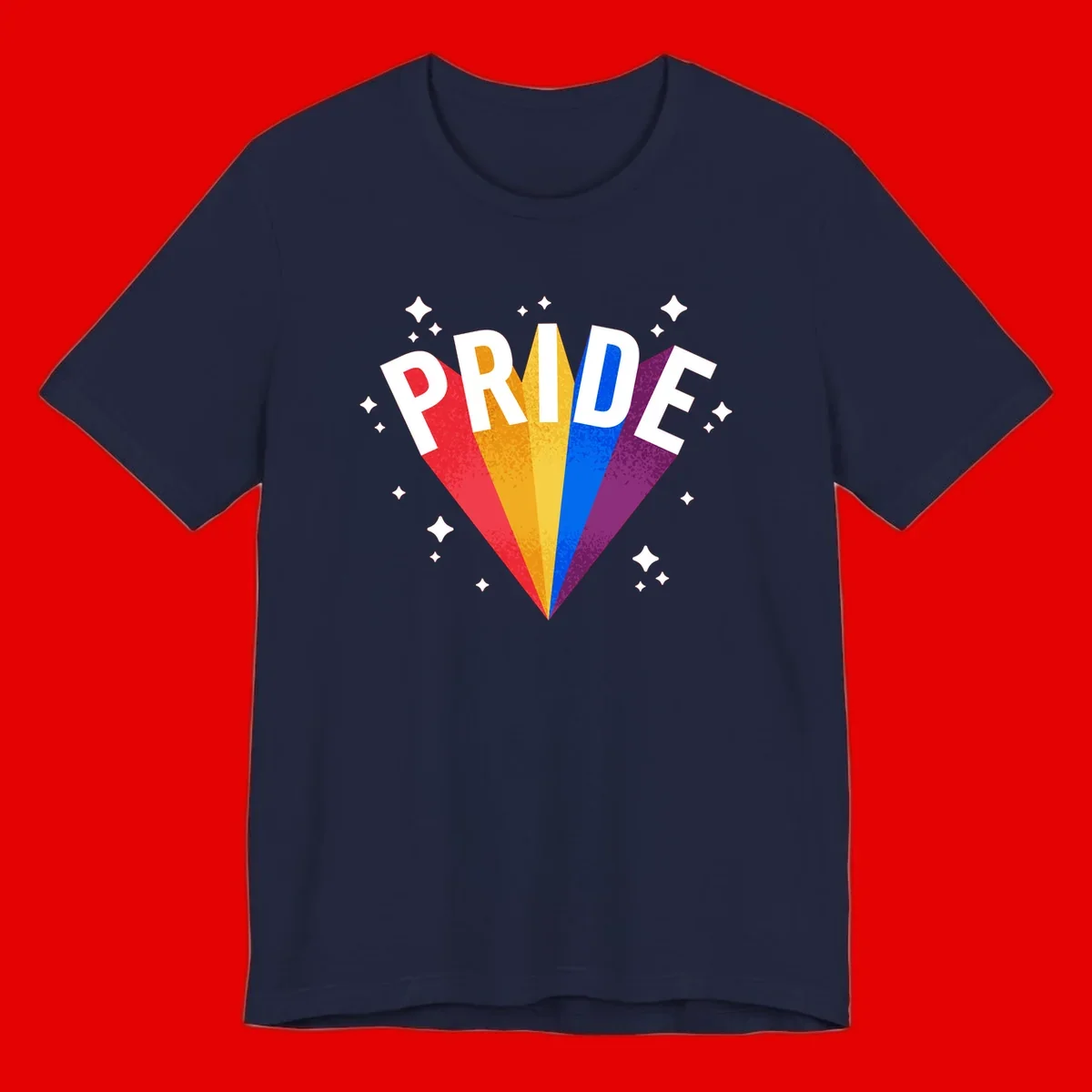 Rainbow pride fan design with colorful stripes in red, orange, yellow, blue, and purple radiating outward with white PRIDE text and decorative sparkles