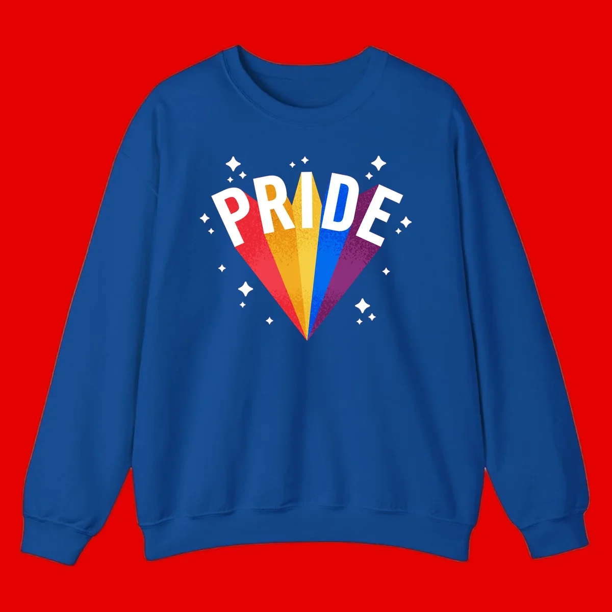 Rainbow pride fan design with colorful stripes in red, orange, yellow, blue, and purple radiating outward with white PRIDE text and decorative sparkles