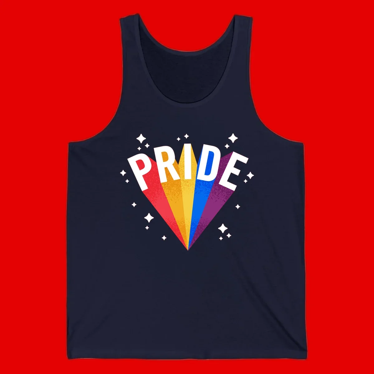 Rainbow pride fan design with colorful stripes in red, orange, yellow, blue, and purple radiating outward with white PRIDE text and decorative sparkles