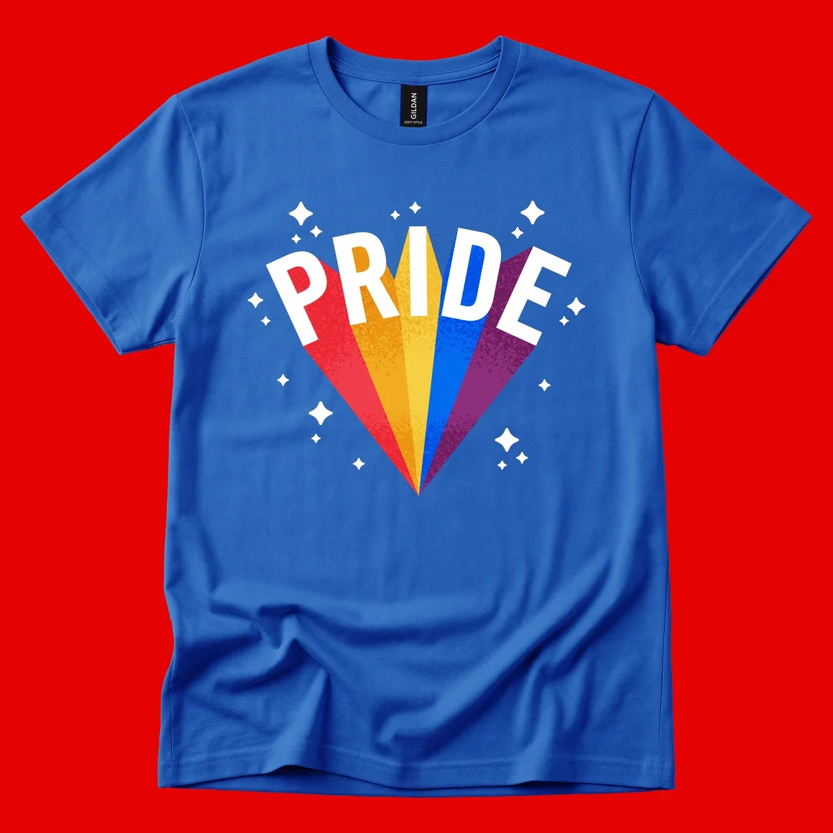 Rainbow pride fan design with colorful stripes in red, orange, yellow, blue, and purple radiating outward with white PRIDE text and decorative sparkles