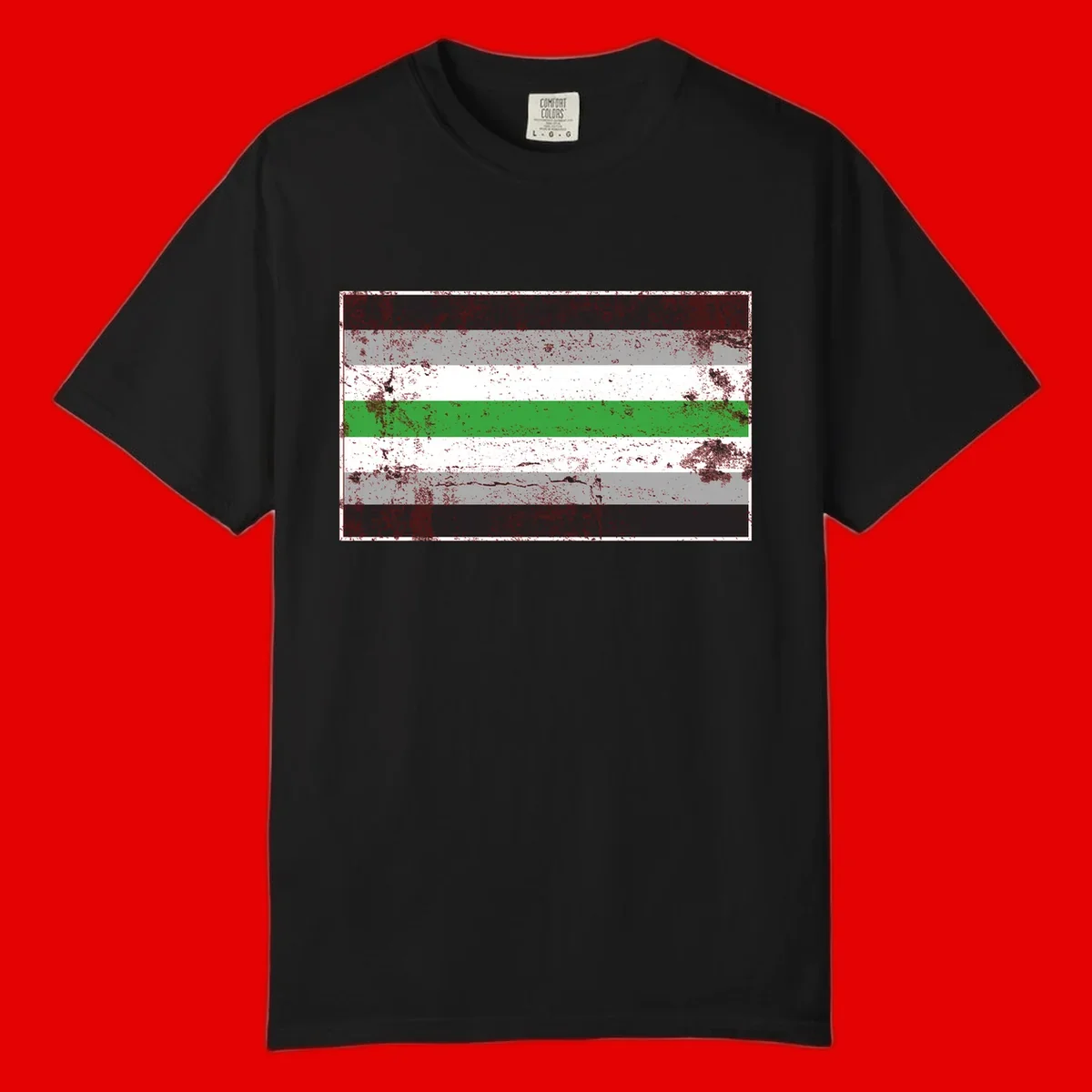 Demigender pride flag with black, gray, white, and green horizontal stripes in distressed grunge texture