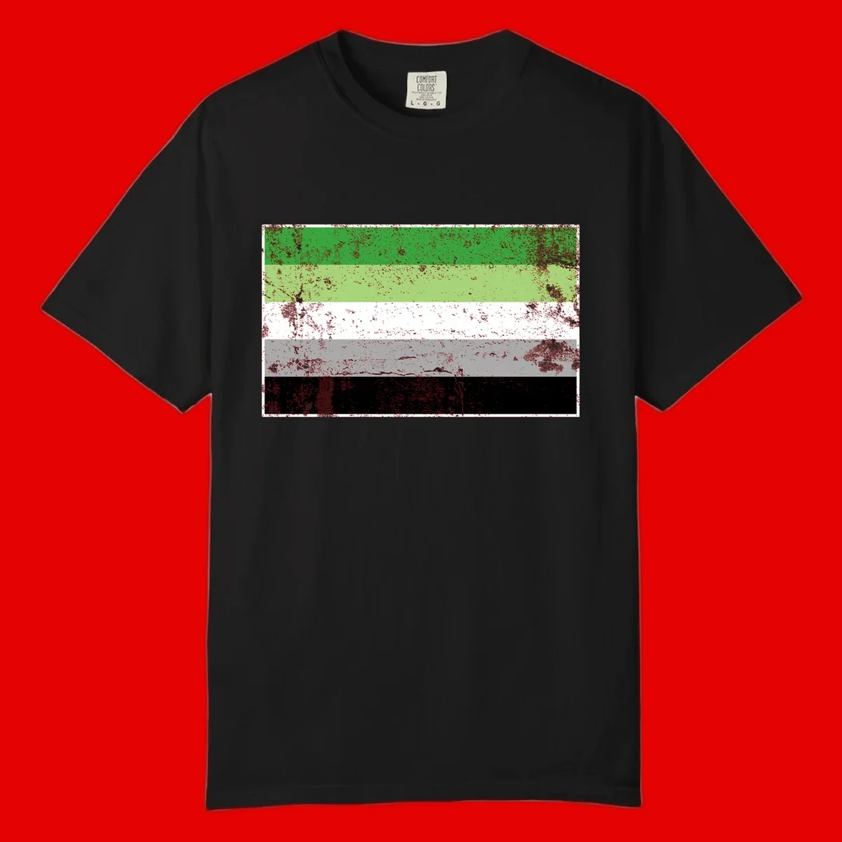 Demigender pride flag with five horizontal stripes in green, white, gray, and black with distressed grunge texture