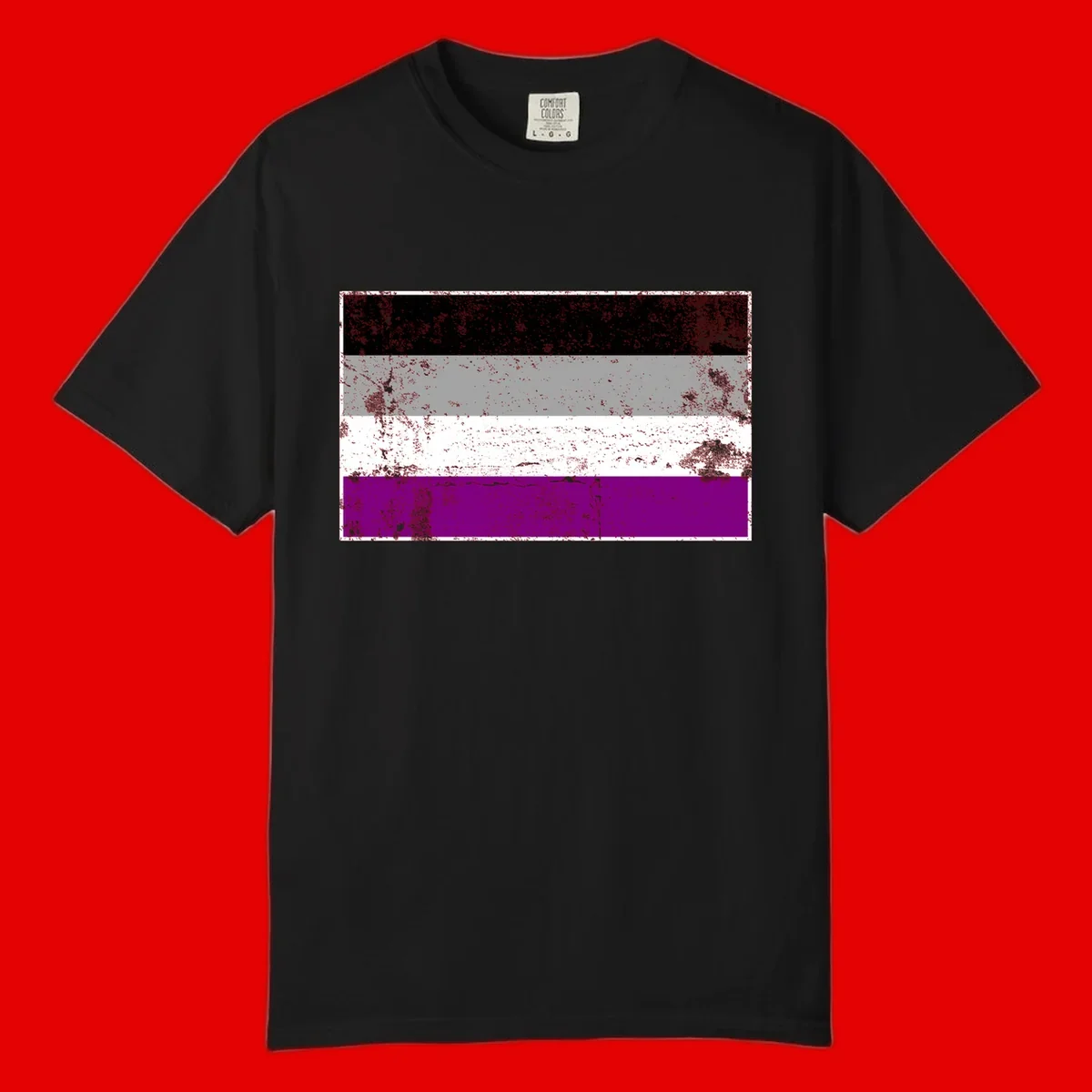 Distressed asexual pride flag with black, gray, white, and purple horizontal stripes with grunge texture overlay