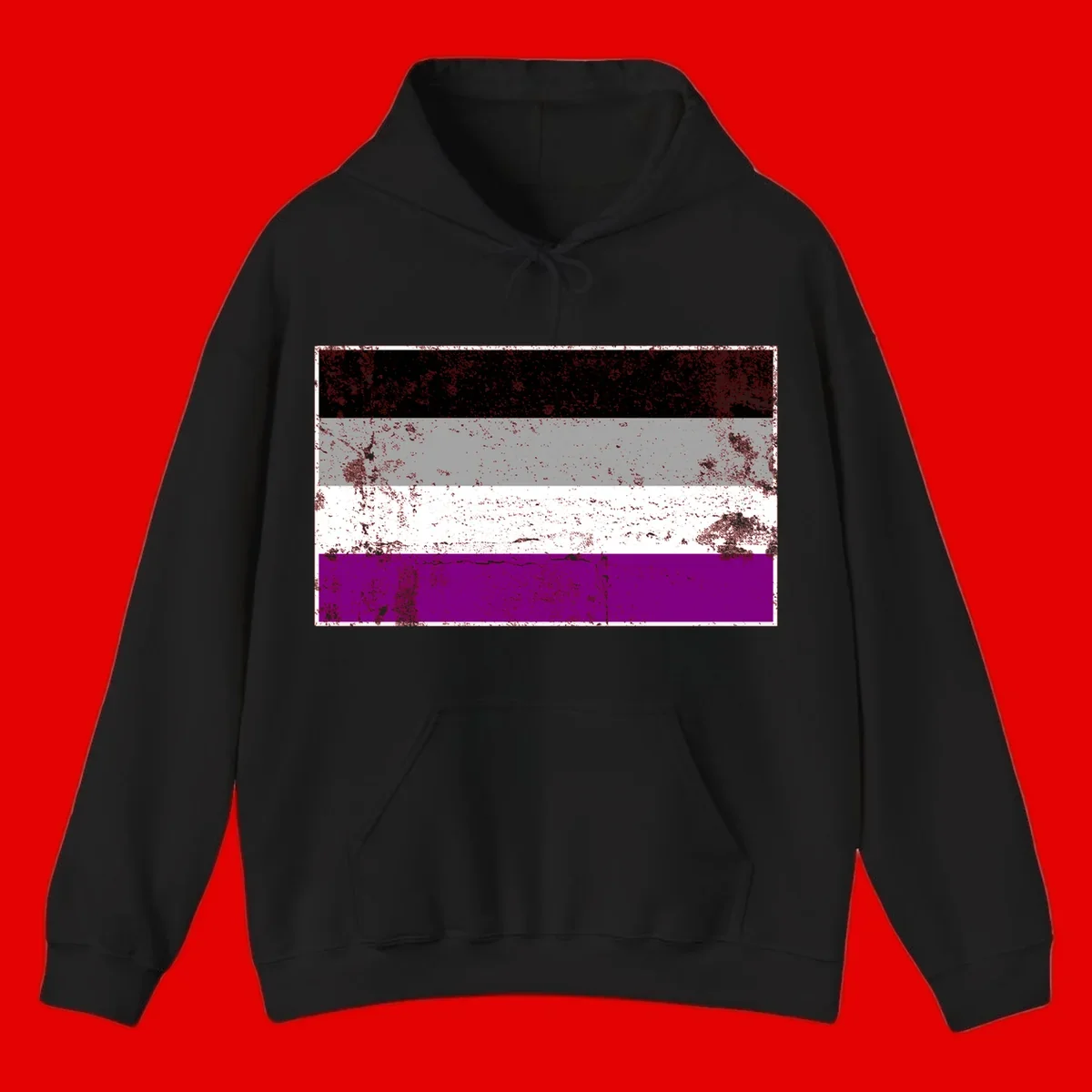 Distressed asexual pride flag with black, gray, white, and purple horizontal stripes with grunge texture overlay