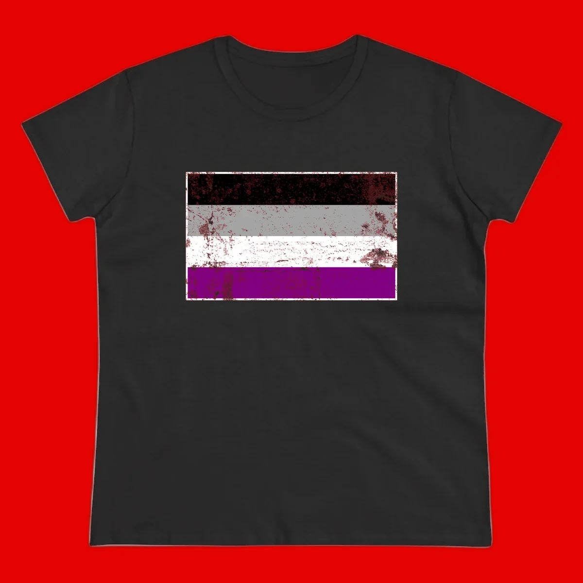 Distressed asexual pride flag with black, gray, white, and purple horizontal stripes with grunge texture overlay