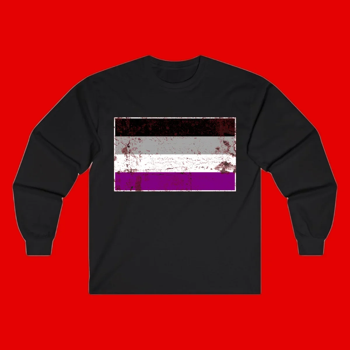 Distressed asexual pride flag with black, gray, white, and purple horizontal stripes with grunge texture overlay