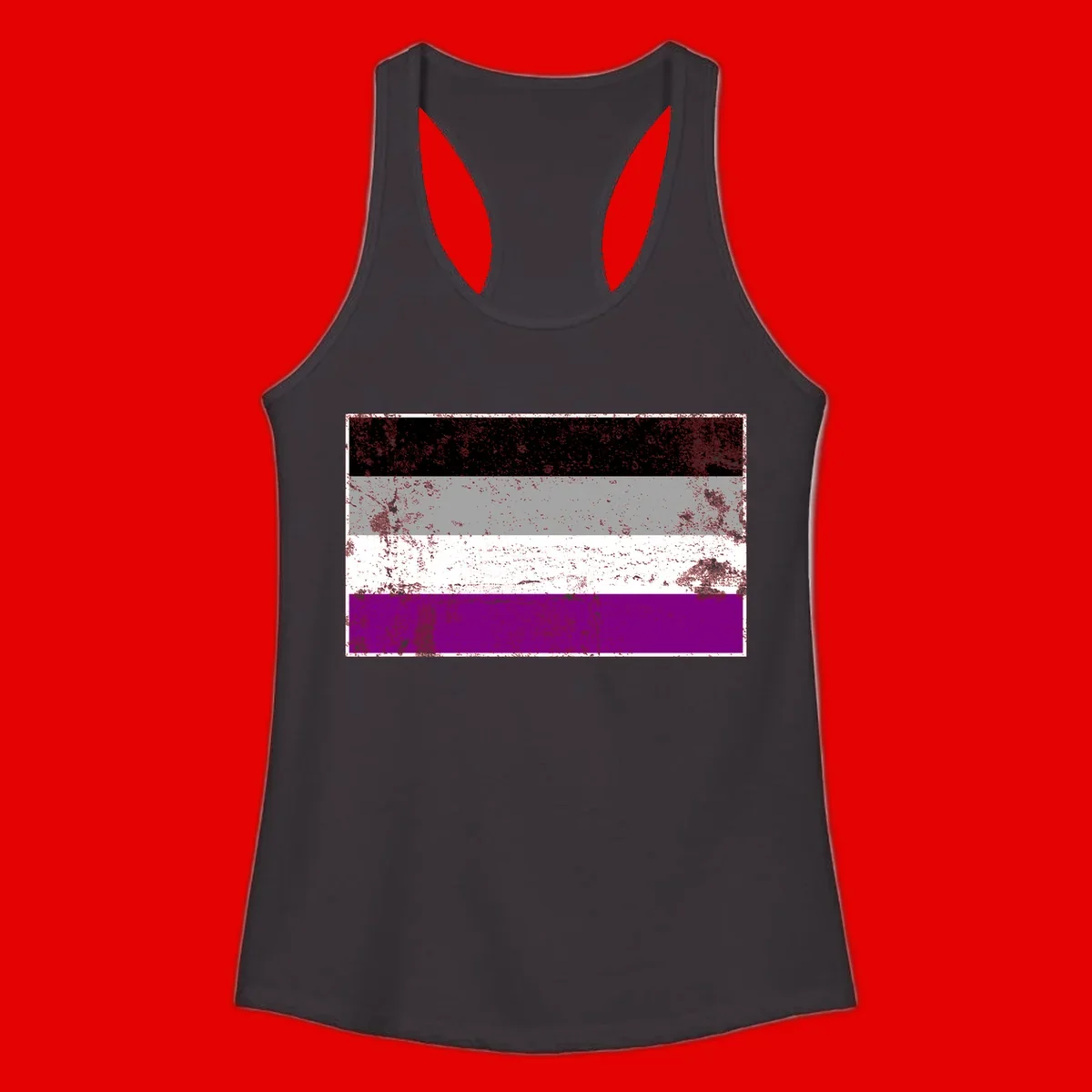 Distressed asexual pride flag with black, gray, white, and purple horizontal stripes with grunge texture overlay
