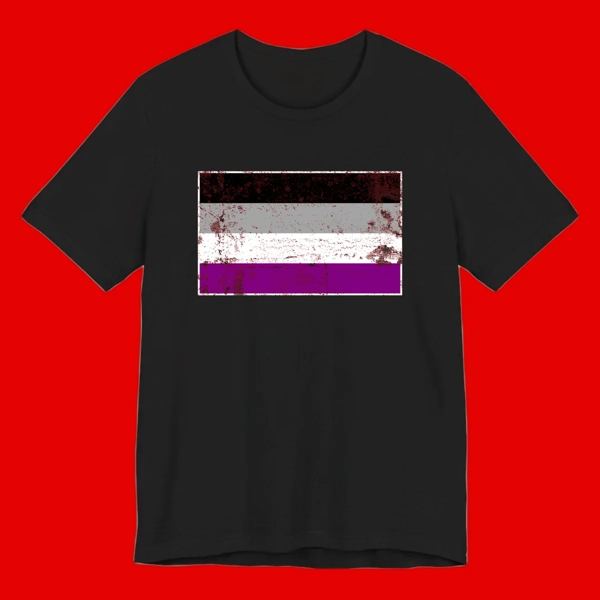 Distressed asexual pride flag with black, gray, white, and purple horizontal stripes with grunge texture overlay