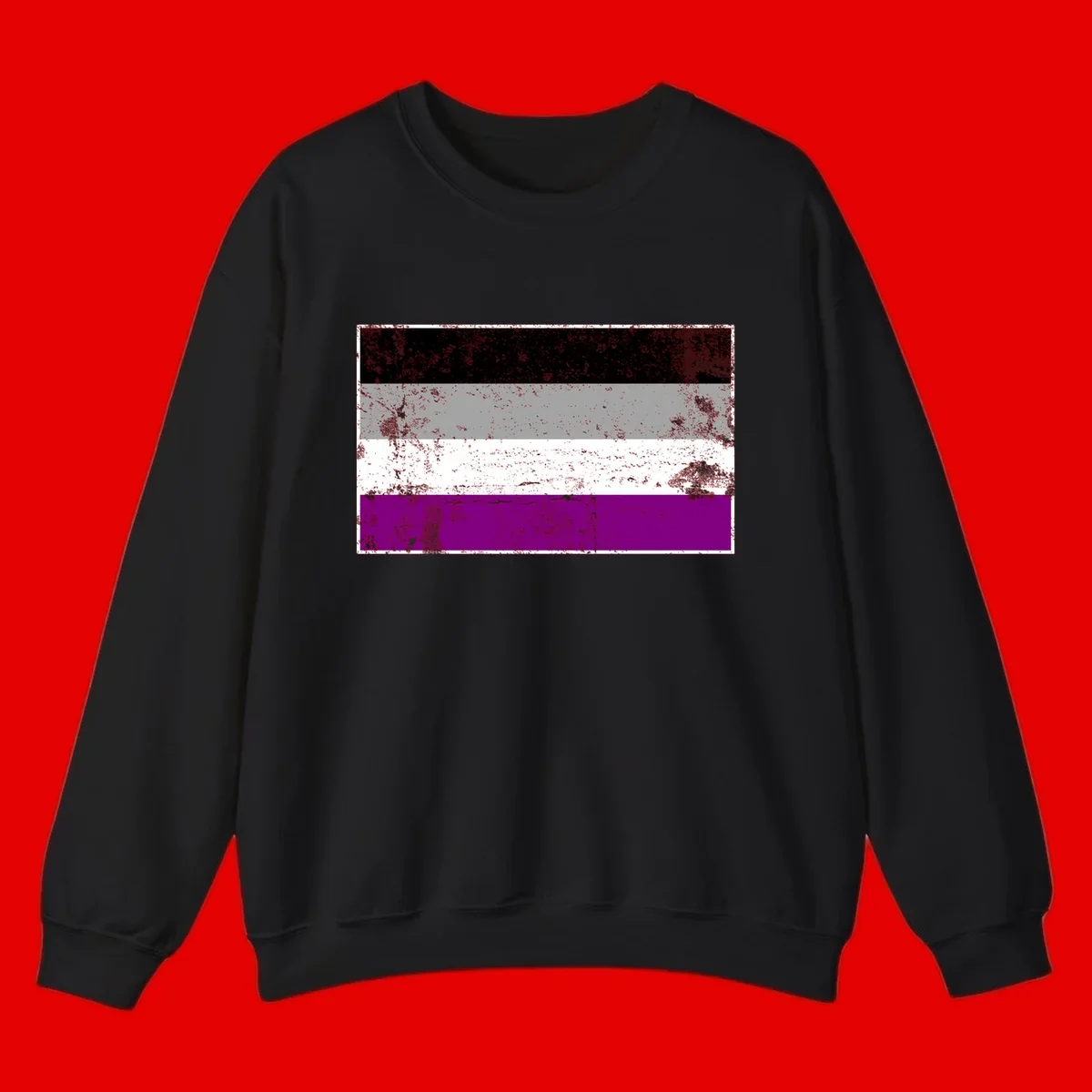 Distressed asexual pride flag with black, gray, white, and purple horizontal stripes with grunge texture overlay