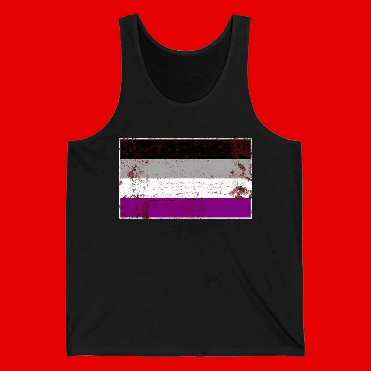Distressed asexual pride flag with black, gray, white, and purple horizontal stripes with grunge texture overlay