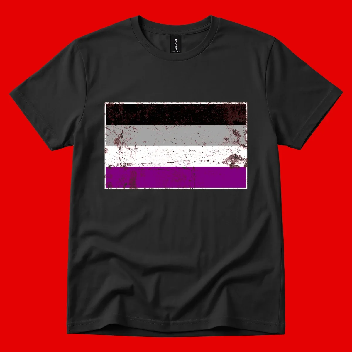 Distressed asexual pride flag with black, gray, white, and purple horizontal stripes with grunge texture overlay