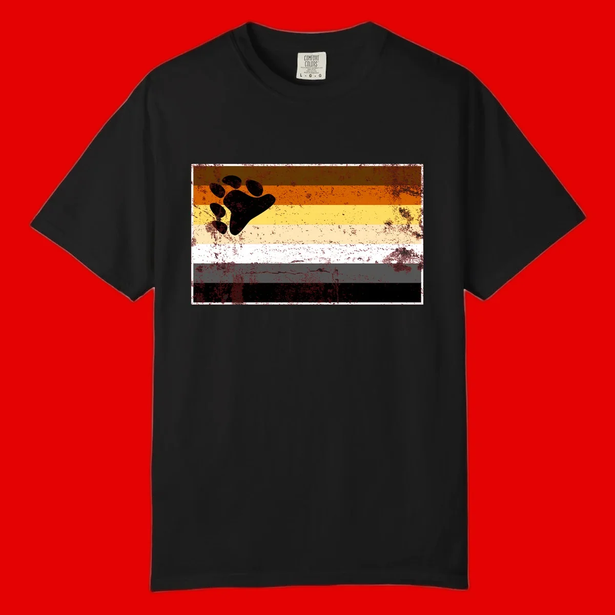 Black bear paw print on distressed horizontal striped pride flag in brown, orange, yellow, tan, white, gray and black colors