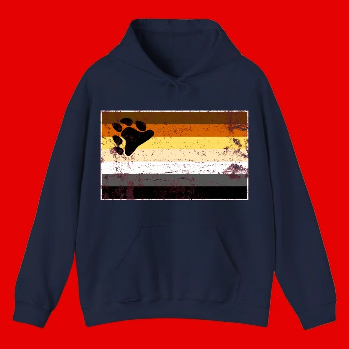 Black bear paw print on distressed horizontal striped pride flag in brown, orange, yellow, tan, white, gray and black colors