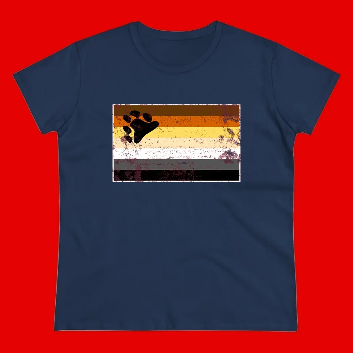 Black bear paw print on distressed horizontal striped pride flag in brown, orange, yellow, tan, white, gray and black colors