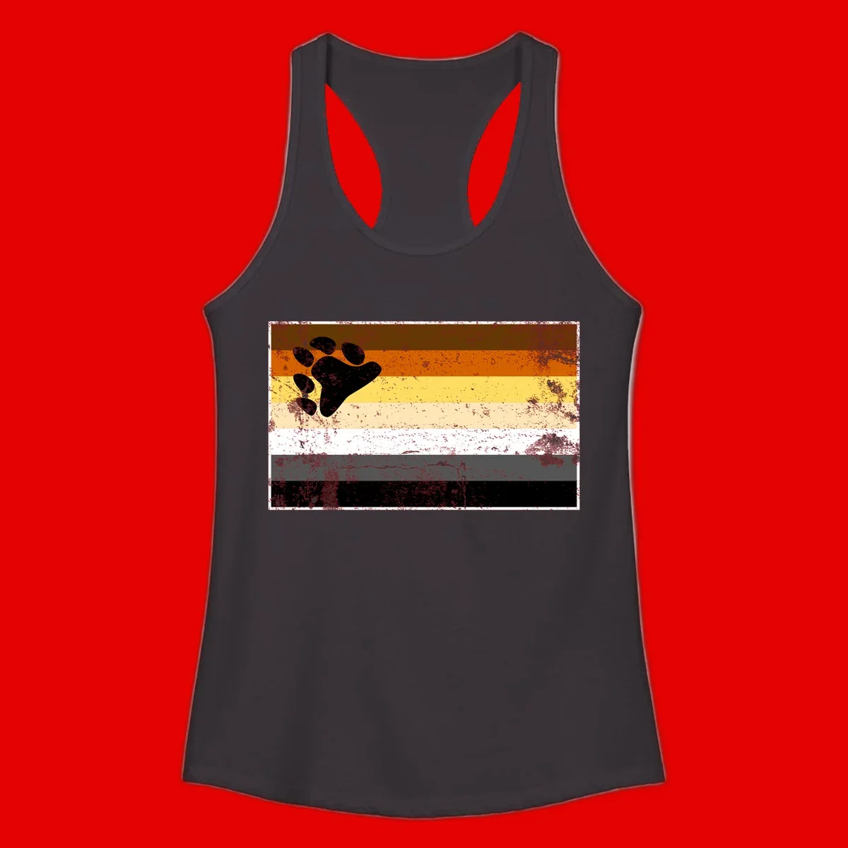 Black bear paw print on distressed horizontal striped pride flag in brown, orange, yellow, tan, white, gray and black colors