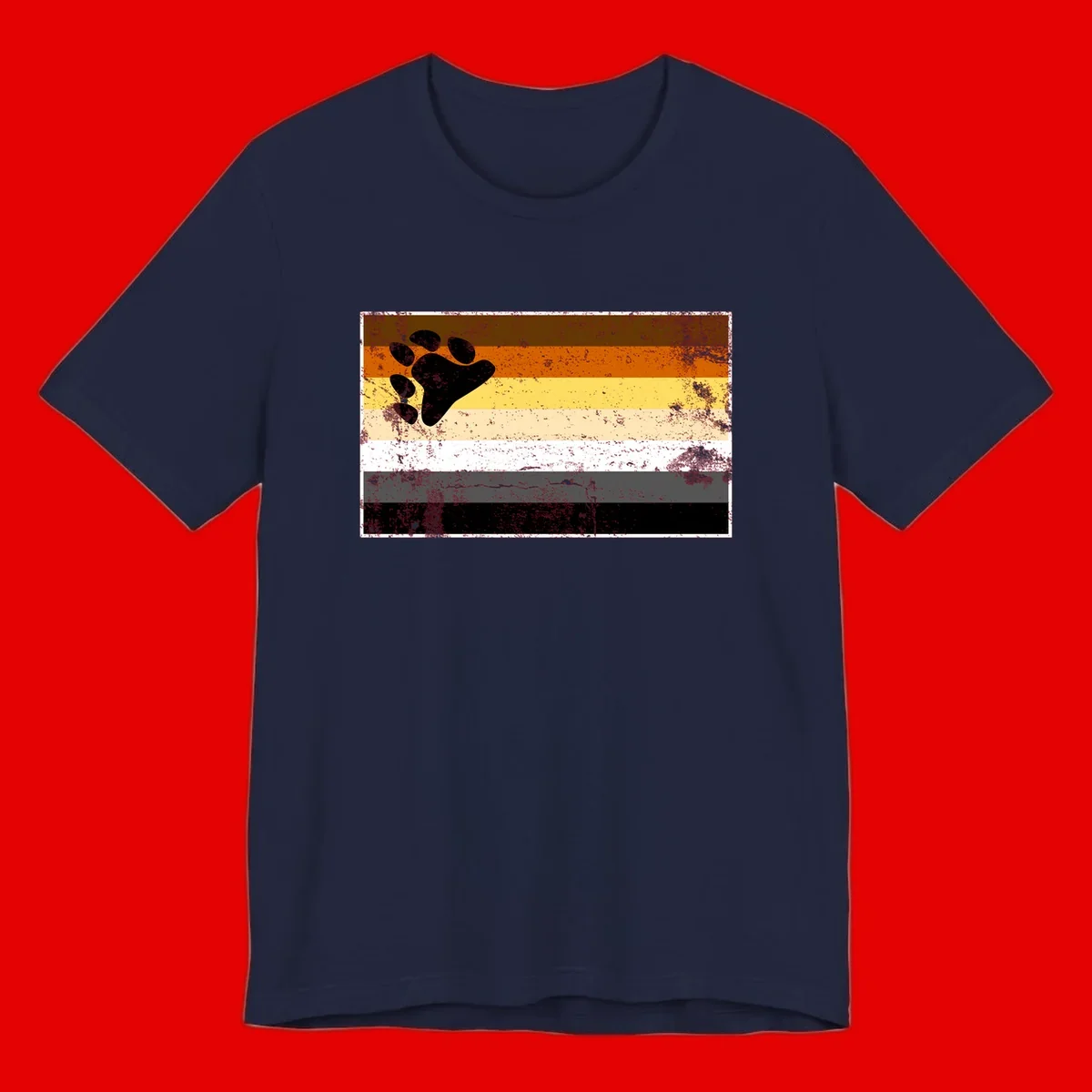 Black bear paw print on distressed horizontal striped pride flag in brown, orange, yellow, tan, white, gray and black colors