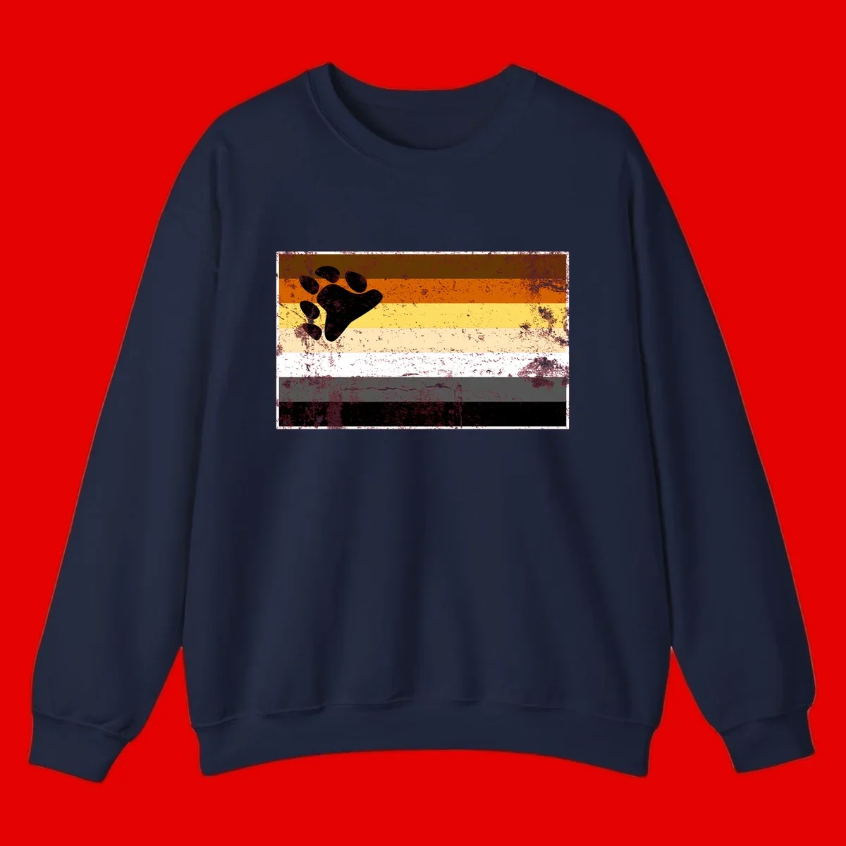 Black bear paw print on distressed horizontal striped pride flag in brown, orange, yellow, tan, white, gray and black colors