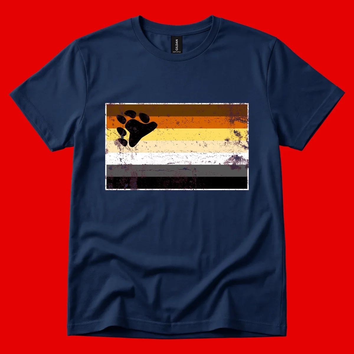 Black bear paw print on distressed horizontal striped pride flag in brown, orange, yellow, tan, white, gray and black colors