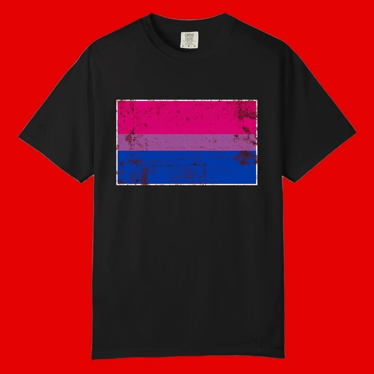 Distressed bisexual pride flag with magenta, purple, and blue horizontal stripes featuring weathered grunge texture overlay