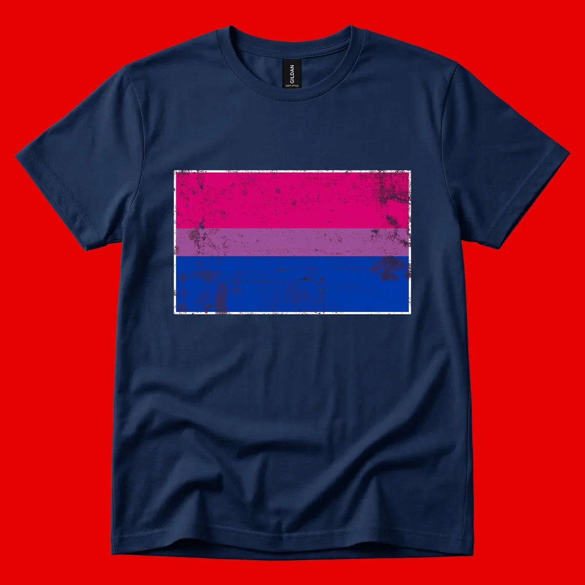 Distressed bisexual pride flag with magenta, purple, and blue horizontal stripes featuring weathered grunge texture overlay