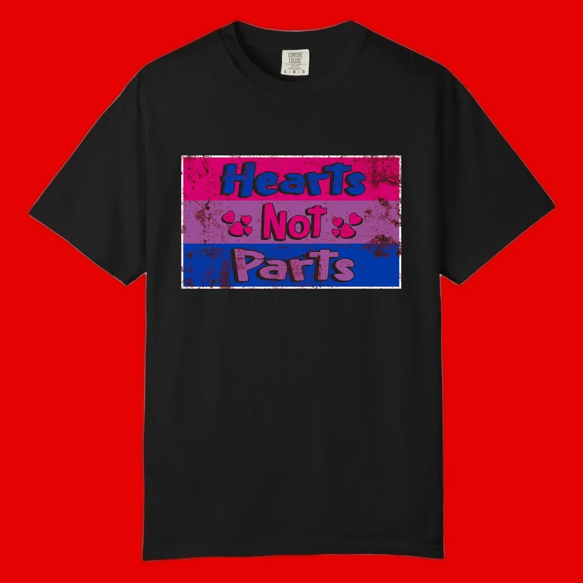 Distressed colorblock design with blue, magenta, and purple stripes featuring 'Hearts NOT Parts' text with heart icons, pride message artwork