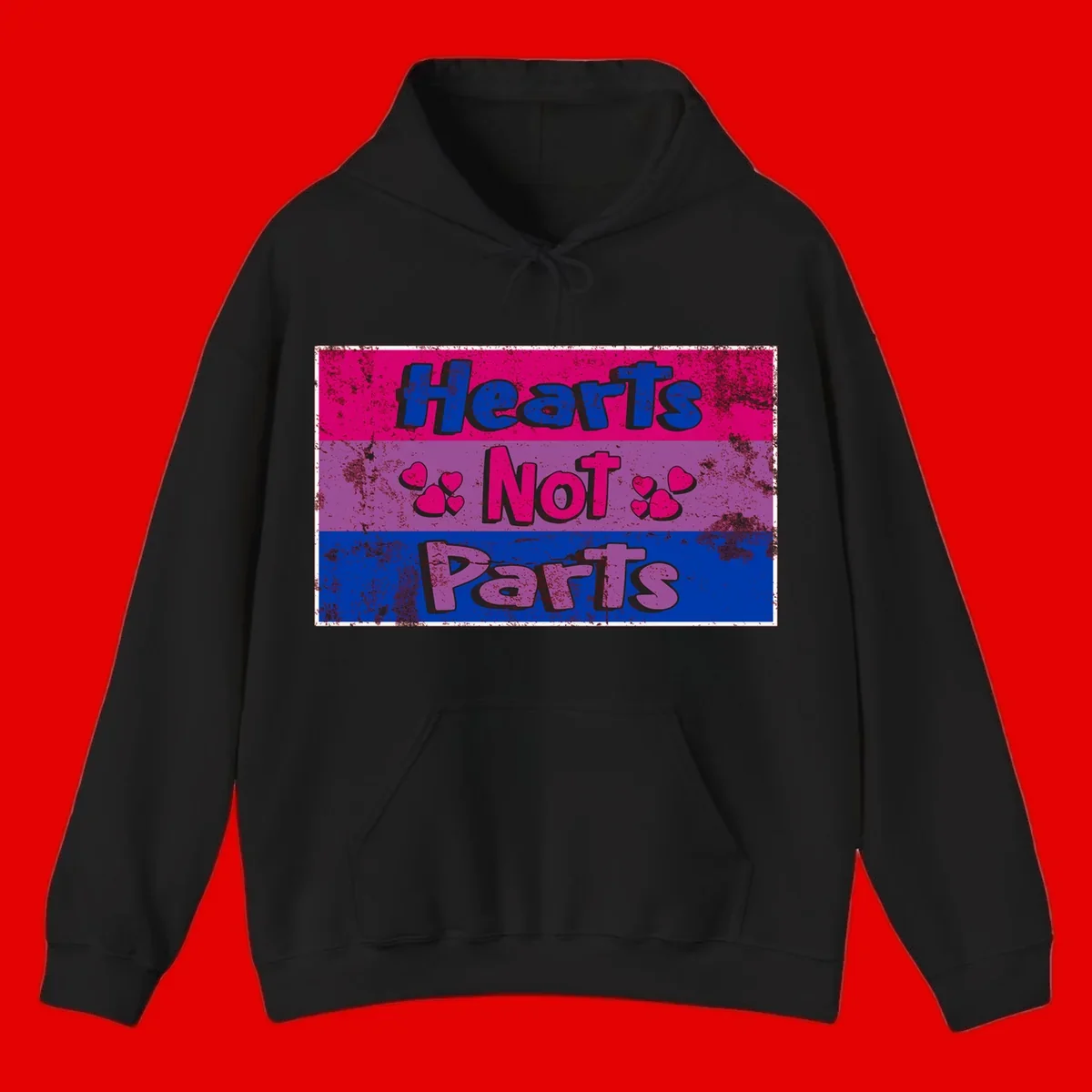 Distressed colorblock design with blue, magenta, and purple stripes featuring 'Hearts NOT Parts' text with heart icons, pride message artwork