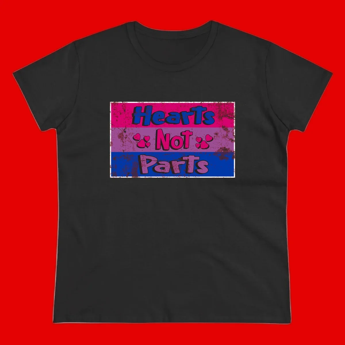 Distressed colorblock design with blue, magenta, and purple stripes featuring 'Hearts NOT Parts' text with heart icons, pride message artwork