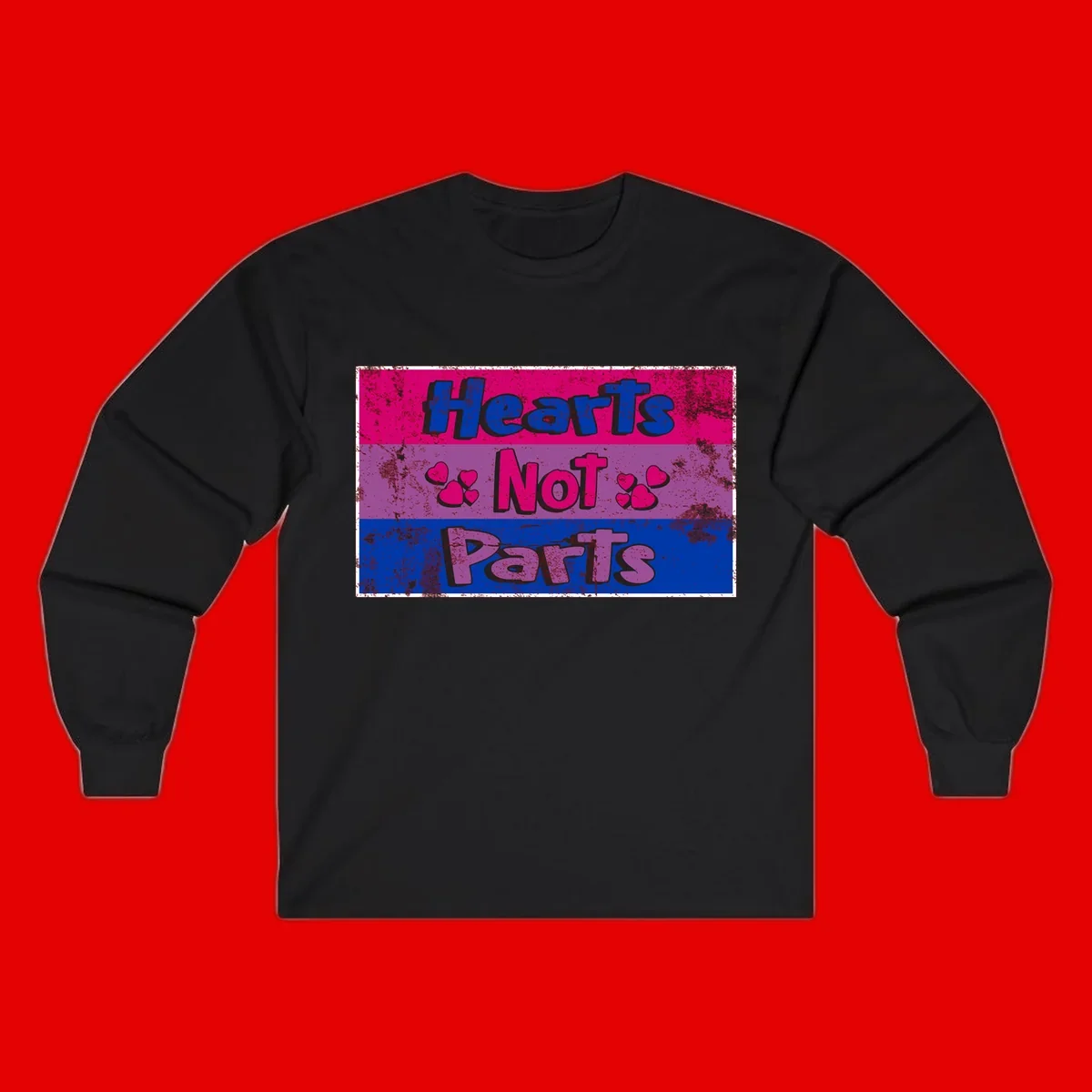 Distressed colorblock design with blue, magenta, and purple stripes featuring 'Hearts NOT Parts' text with heart icons, pride message artwork
