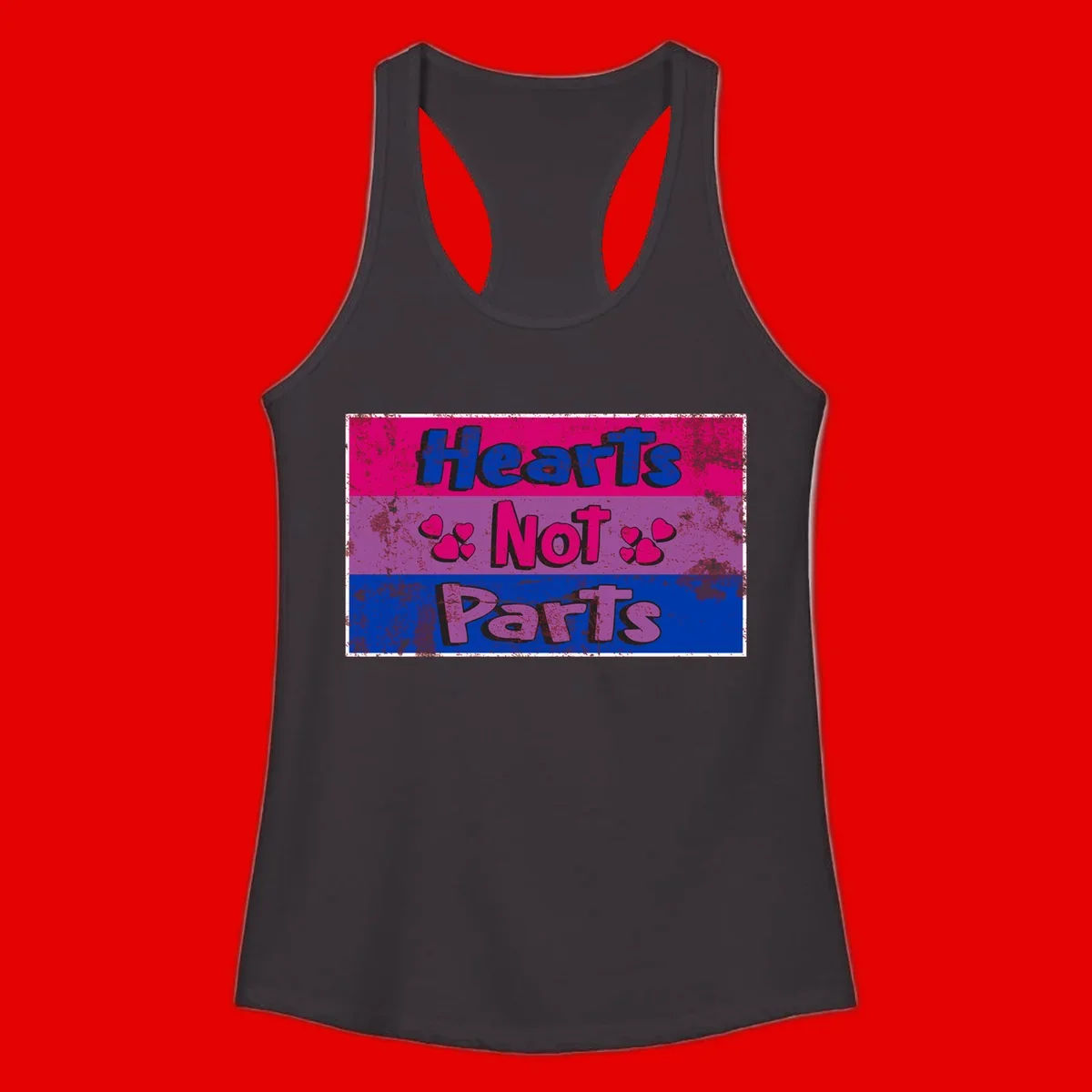 Distressed colorblock design with blue, magenta, and purple stripes featuring 'Hearts NOT Parts' text with heart icons, pride message artwork