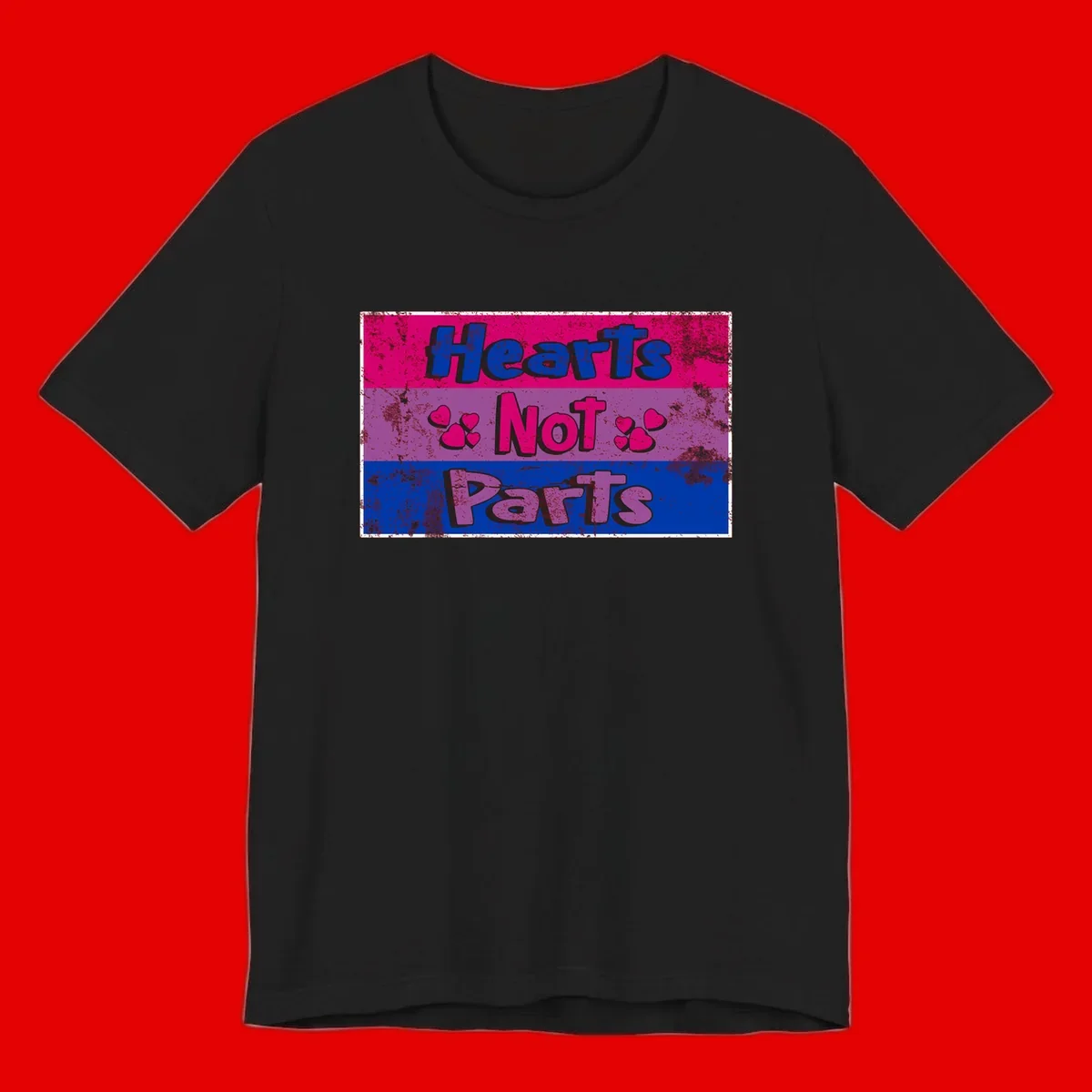 Distressed colorblock design with blue, magenta, and purple stripes featuring 'Hearts NOT Parts' text with heart icons, pride message artwork